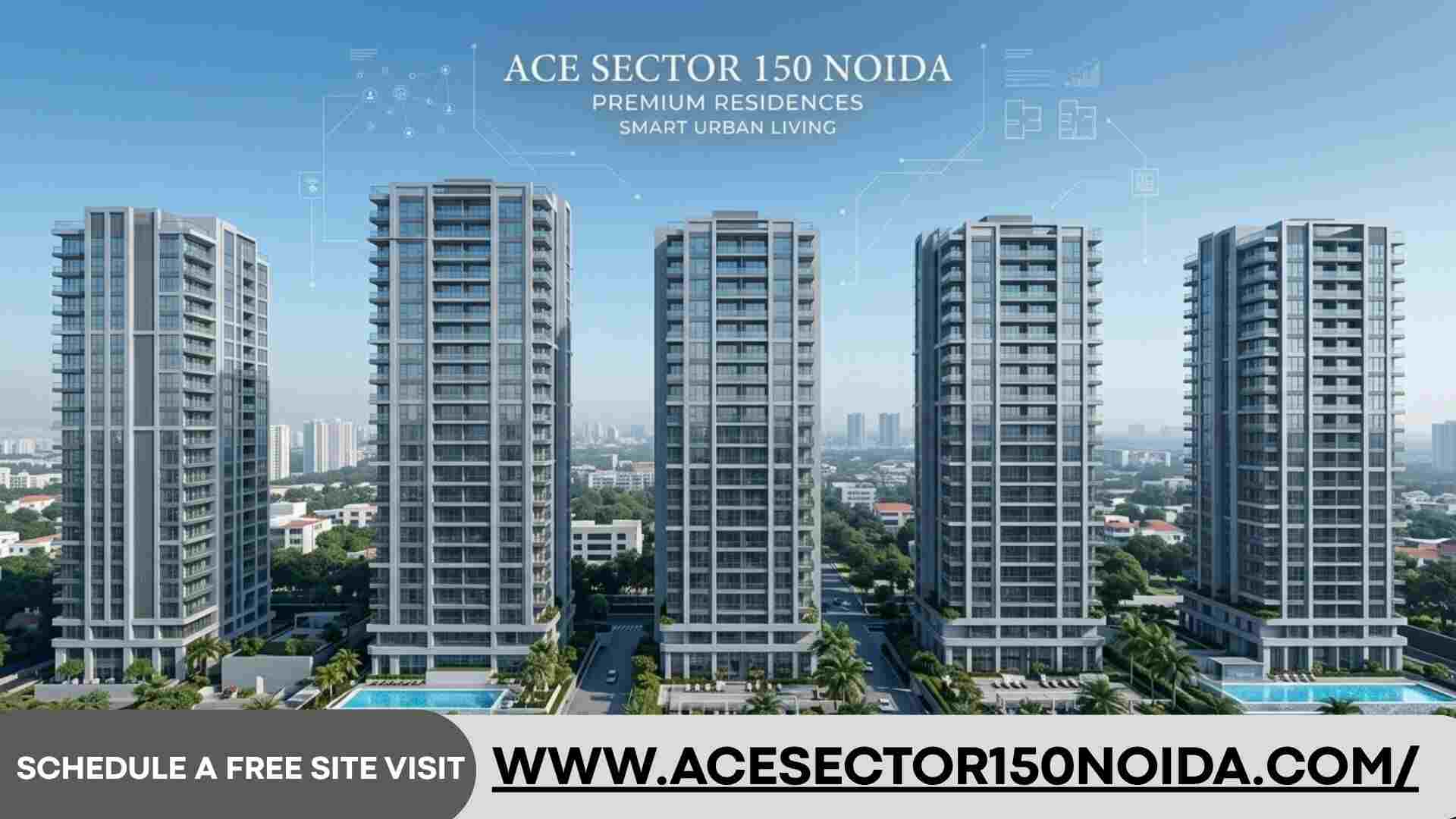 ACE SECTOR 150 NOIDA premium residential towers featuring modern architecture, luxury swimming pools, and smart urban living design in a wide landscape view.